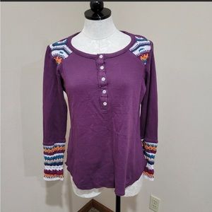 Sundance catalog vintage vibes Henley Top Blackberry Sz lg medium crochet trim
